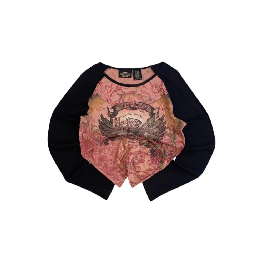 Harley Davidson Womens Pink Raglan Long Sleeve Eagle Graphic Rhinestone Top M - Picture 1 of 9